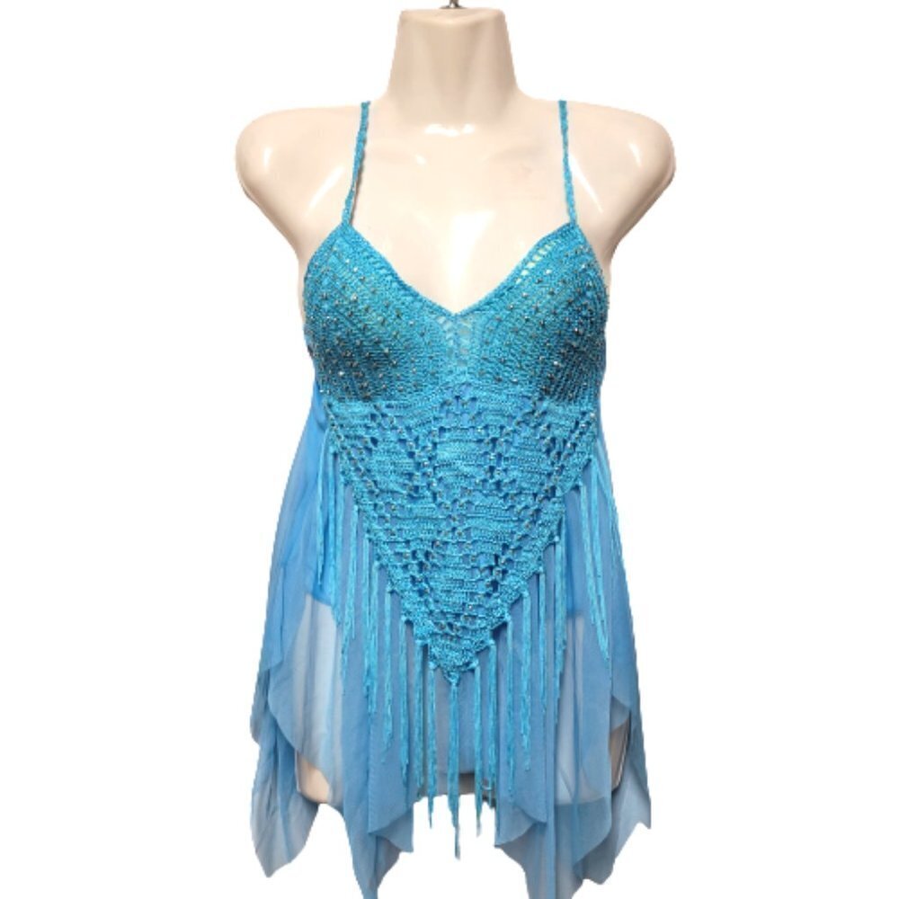 Blue Bellydance Top Sequin Tank Top Spaghetti Strap Top Tunic Size XS or S